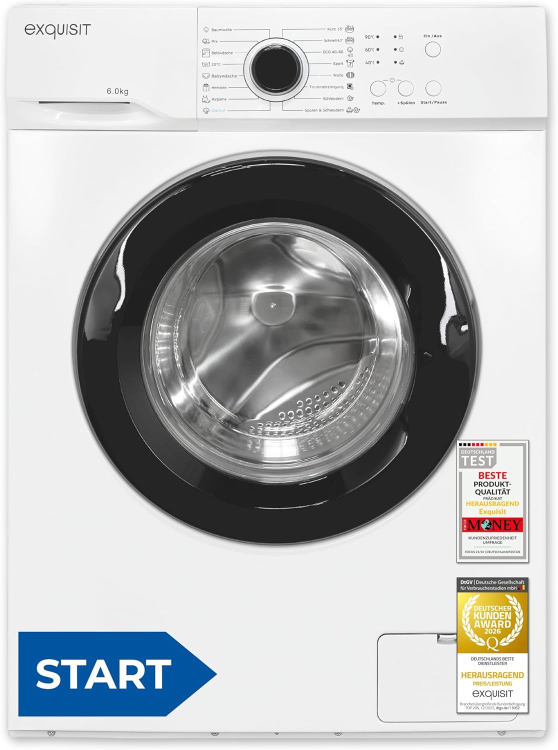 Exquisit Waschmaschine | 6 kg Nennkapazität, 1000 U/Min, Energieklasse A, 76 dB(A), 85 x 60 x 44 cm | 16 Programme, Eco 40-60, Kurzprogramm, manuelle Temperaturwahl, Aquastop | WA56110-020A weiss