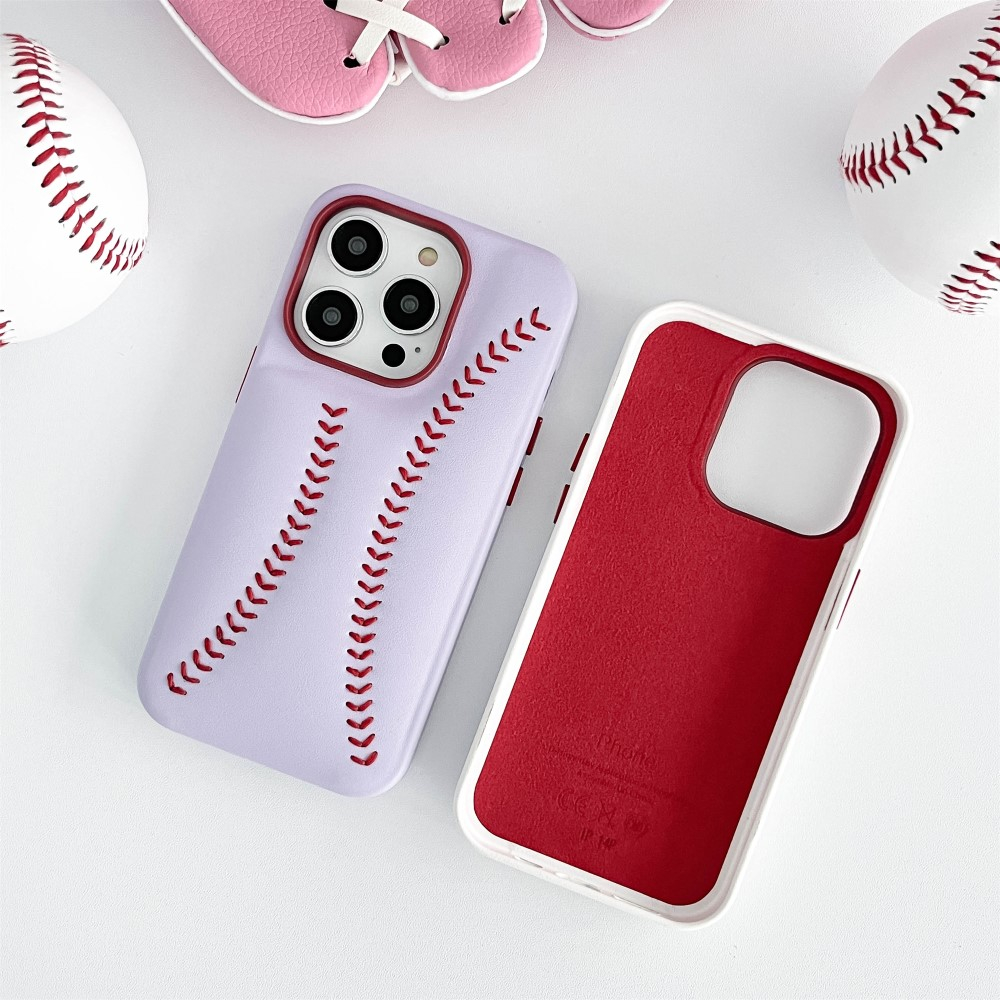 iPhone 14 Pro Max Hybrid Leder Hardcase Hülle im Baseball Look - Braun