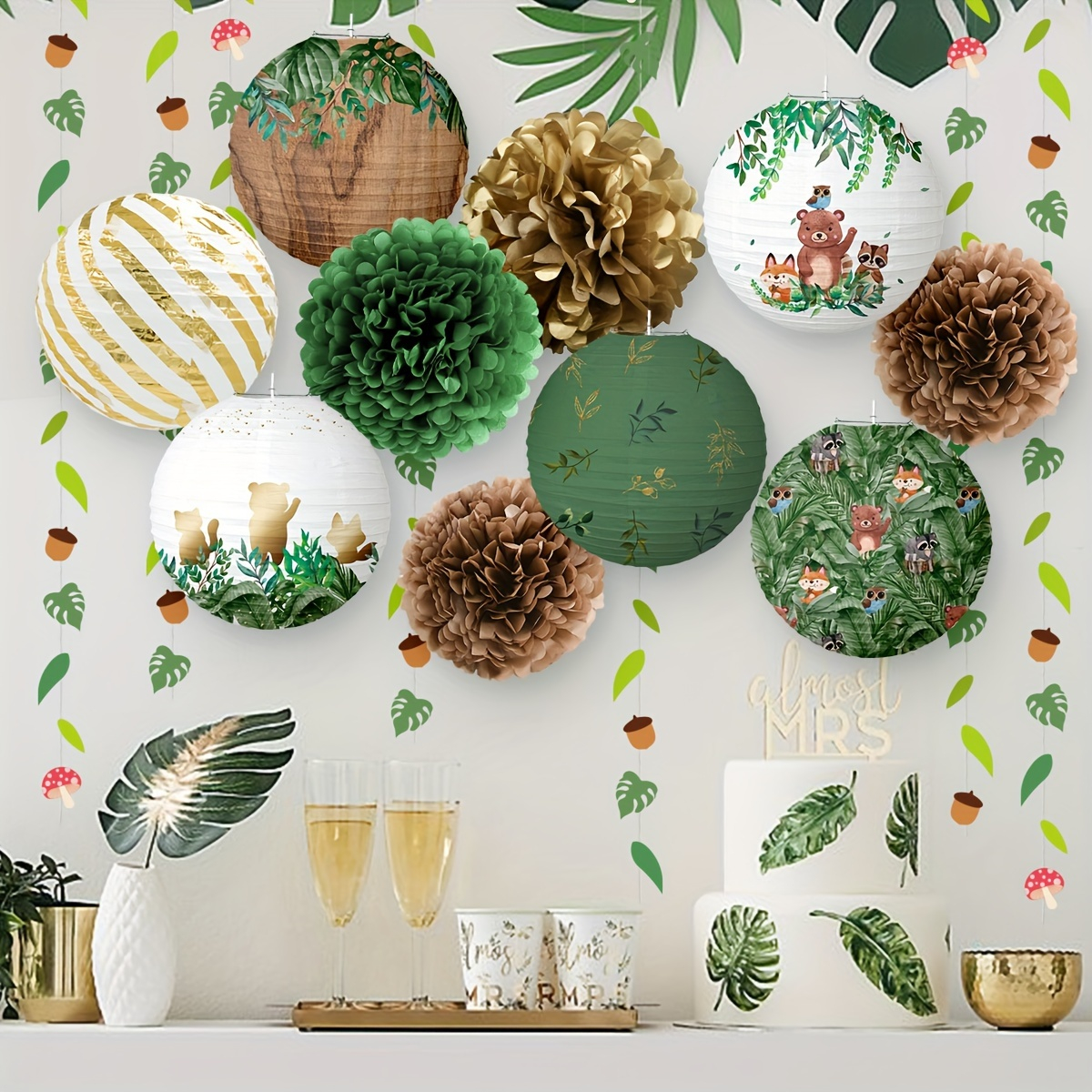 (12-tlg. Set) Papier Lampions Kinder Party Deko inkl. Pompon's / Blätter Girlande - Waldtiere