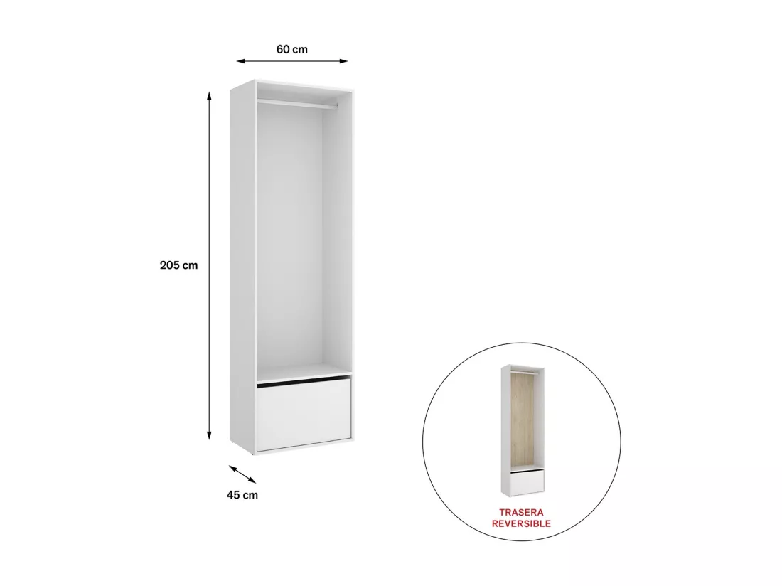 Dressing avec porte chaussure et fond d'arrière réversible coloris chêne naturel, blanc - Longueur 60 x Profondeur 45 x Hauteur 205 cm