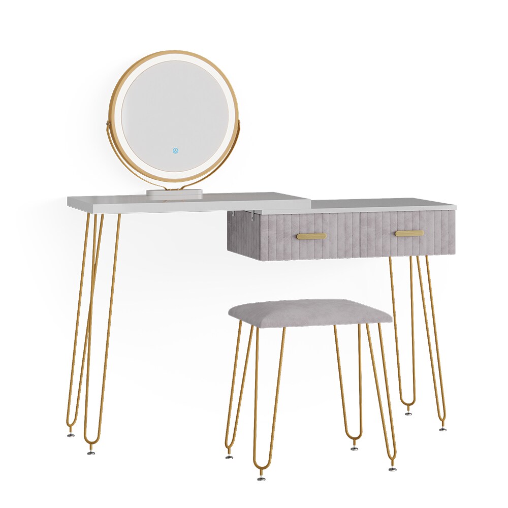 Vicco Schminktisch Frisiertisch Schminkkommode Zoey Weiß Grau LED-Spiegel Design-Hocker 120x76 cm modern Schlafzimmer Kommode Schublade Ablage Aufbewahrung Touch-Switch Kosmetiktisch Make-Up-Tisch