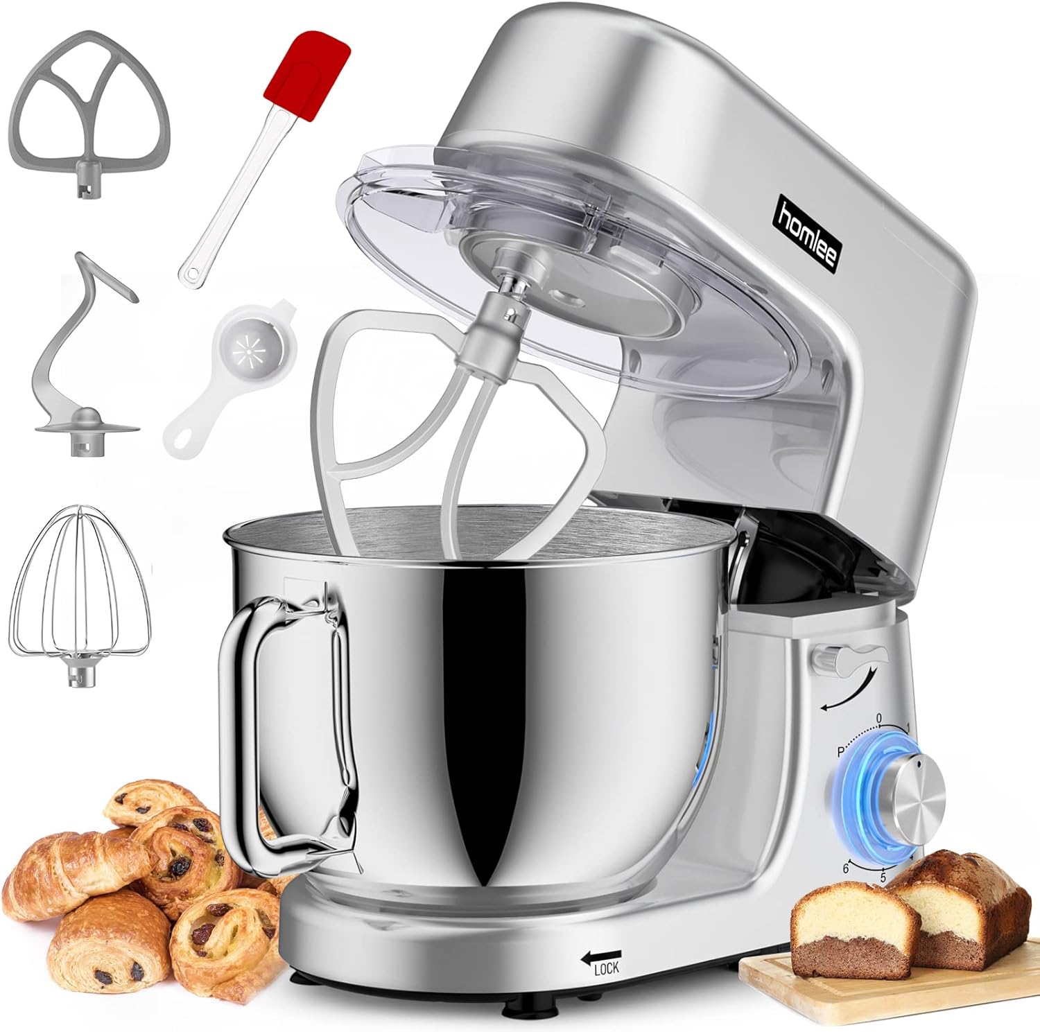 Robot Patissier Homlee 1800W 7,2L Professionnel Robot Ptissier Petrin Multifonctions Robot Cuisine Faible Bruit Batteur sur Socle avec Bol en Acier Inoxydable,Fouet,Batteur,Crochet,6 Vitesses