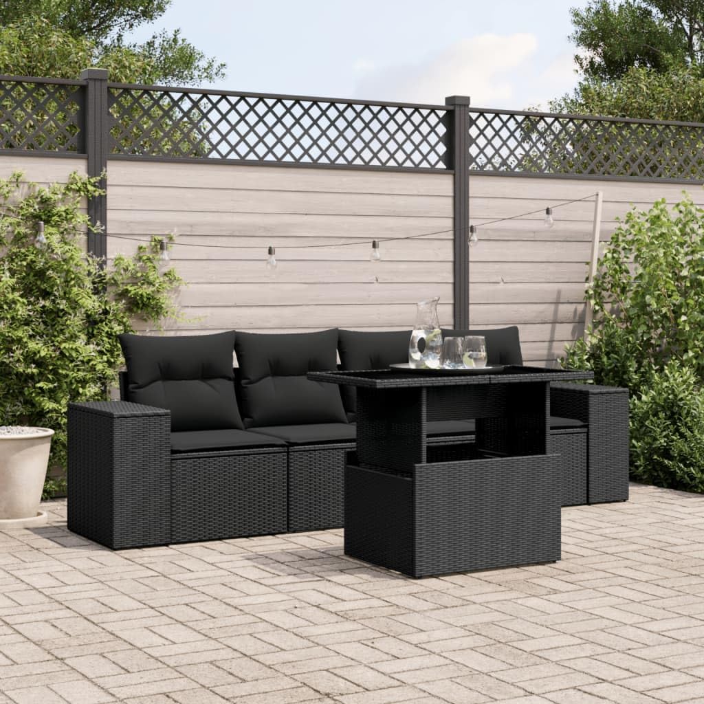 IKAYAA Rattan Gartenmöbel Set Gartenlounge Outdoor Balkon Lounge Gartensofa wetterfest Polyrattan Lounge Terassenmöbel außen mit Kissen-Schwarz-5-tlg