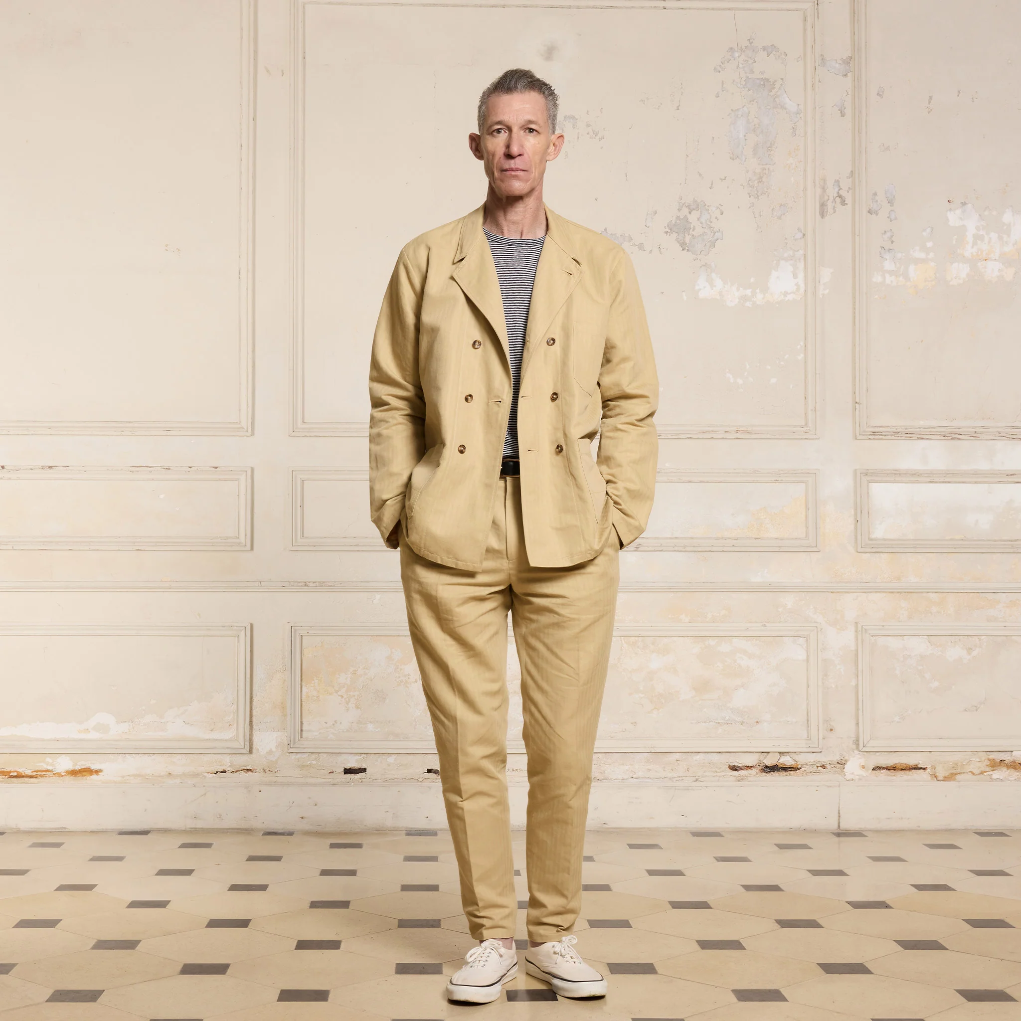 Beige cotton and linen double-breasted work jacket