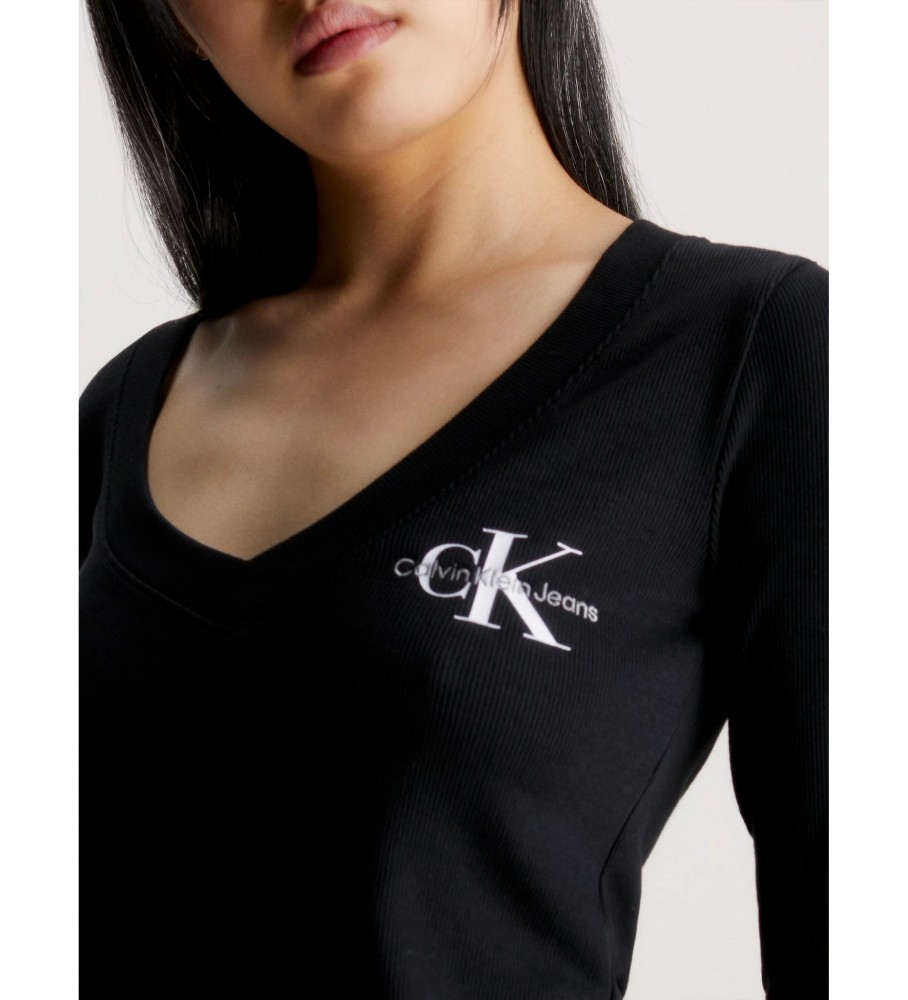 Blusa Calvin Klein Jeans Slim Fit com Decote em V e Textura Canelada na cor Preta