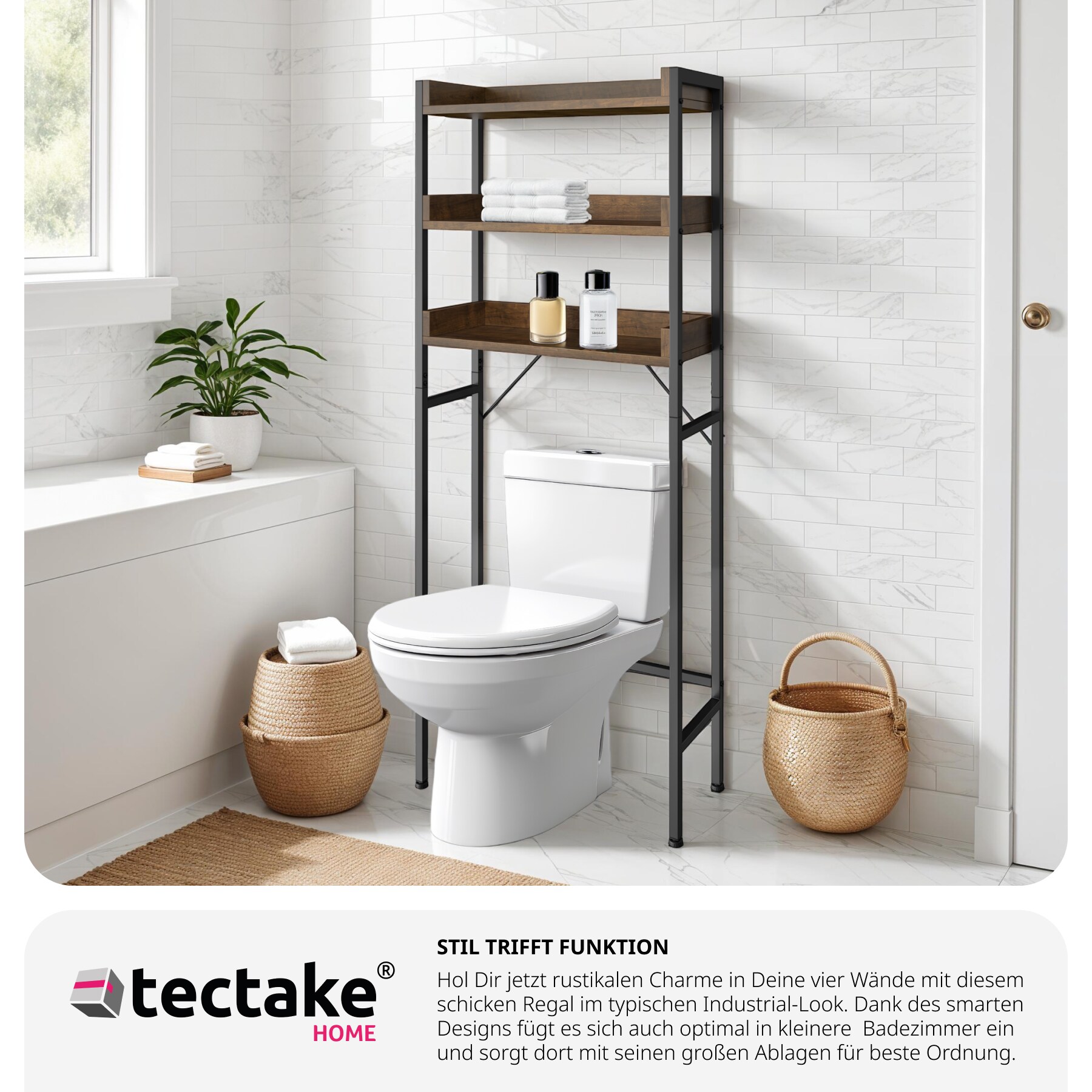 tectake® Badezimmerregal, Industrial Style, mit 3 Ablagen, inklusive Kippschutz