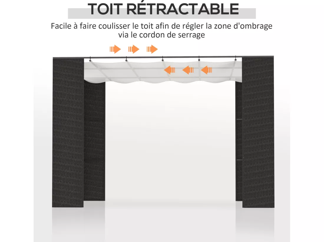 Pergola rétractable style colonial dim. 2,98L x 2,98l x 2H m métal époxy anticorrosion résine tressée noire toile polyester haute densité 180 g/m² crème