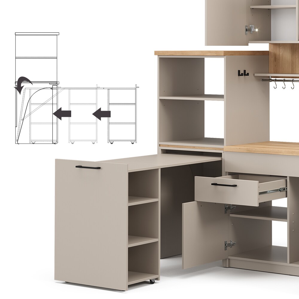 Vicco Singleküche Egbert Greige Eiche 160 cm mit ausziehbarem Tisch
