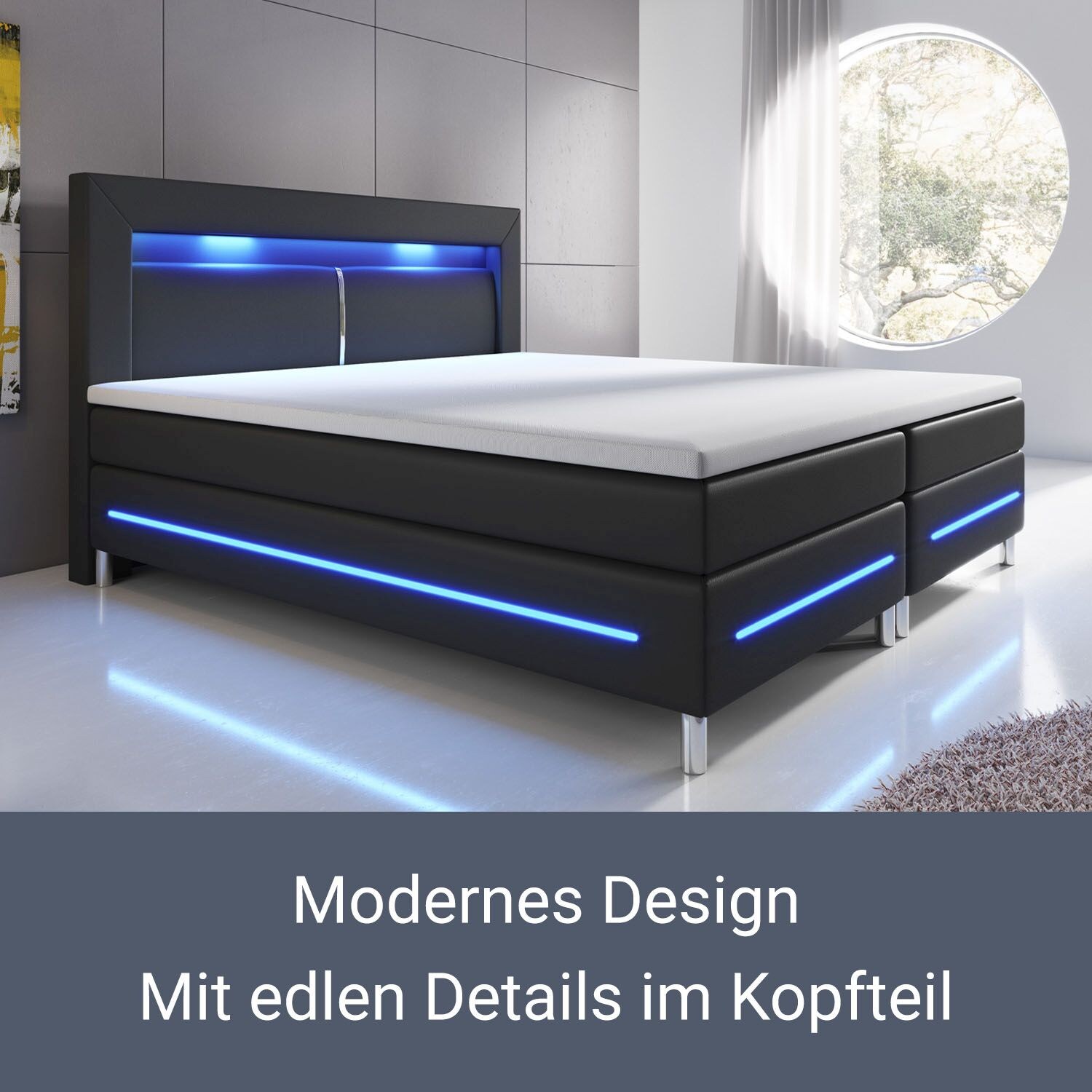 Juskys Boxspringbett Norfolk 140 x 200 cm – LED Beleuchtung, Bonell-Matratzen & Topper - schwarz