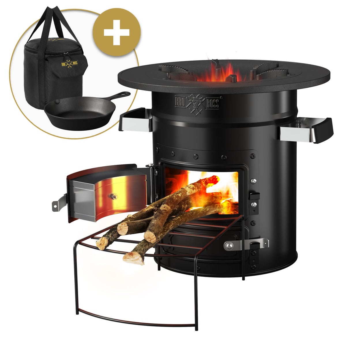 BBQ#BOSS Rocket Stove met grillpan en draagtas, zwart, kampeerkachel met brandhoutstandaard, dubbele deur, kampeerbarbecue houtkachel om te koken, buitenkeuken, Rocket Stove voor Dutch Oven en kampeergrill