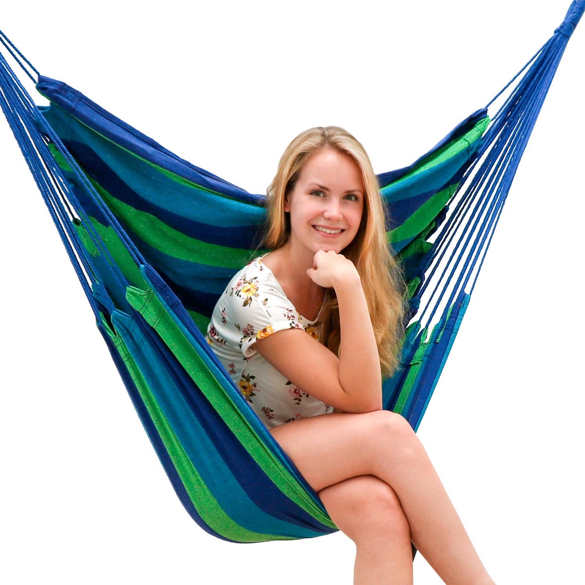 Hangstoel hangmat 110x145cm tot 150kg met groenblauwe strepen