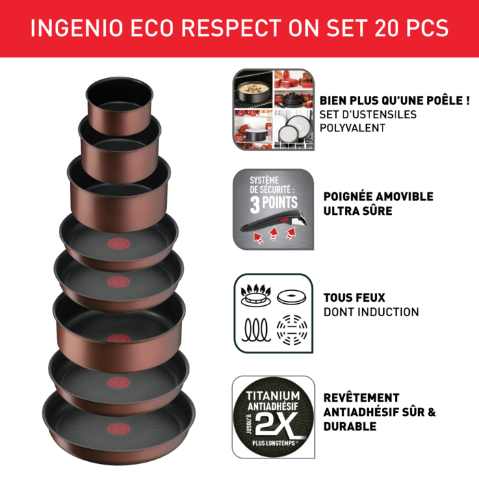 Ingenio Eco Resist, Batterie de cuisine 20pcs, Antiadhésif, Induction