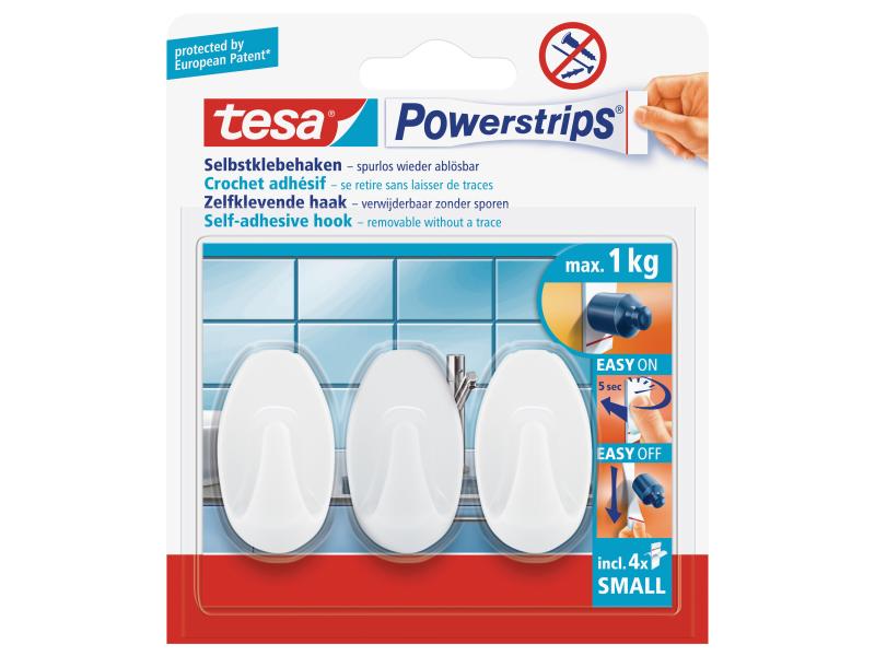 tesa Haken Weiss, 1 kg Haken mit Powerstrips-Befestigung, 3 Haken, weiss