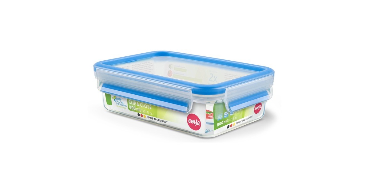 EmsaClip & Close vershoudbakje, 0,8 L doos  (Transparant/blauw, rechthoekig)