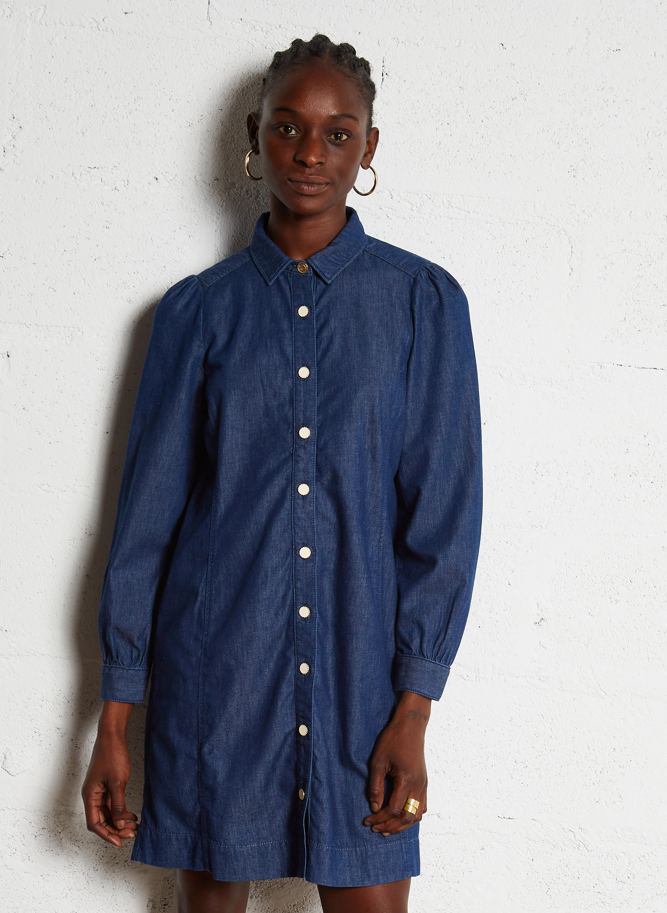 Robe chemise denim en coton| Bleu