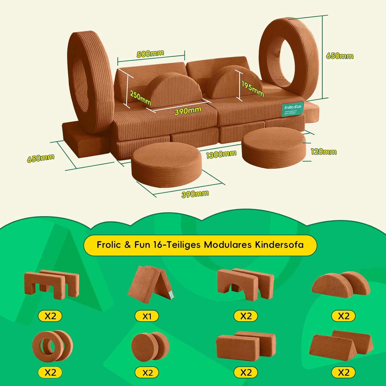 Frolic & Fun 16-Teiliges Modulares Kindersofa – Weiches Spielsofa aus Schaumstoff, Vielseitige Kindercouch mit Schlaffunktion, Kuschelecke zum Spielen, Entspannen und Schlafen im Kinderzimmer