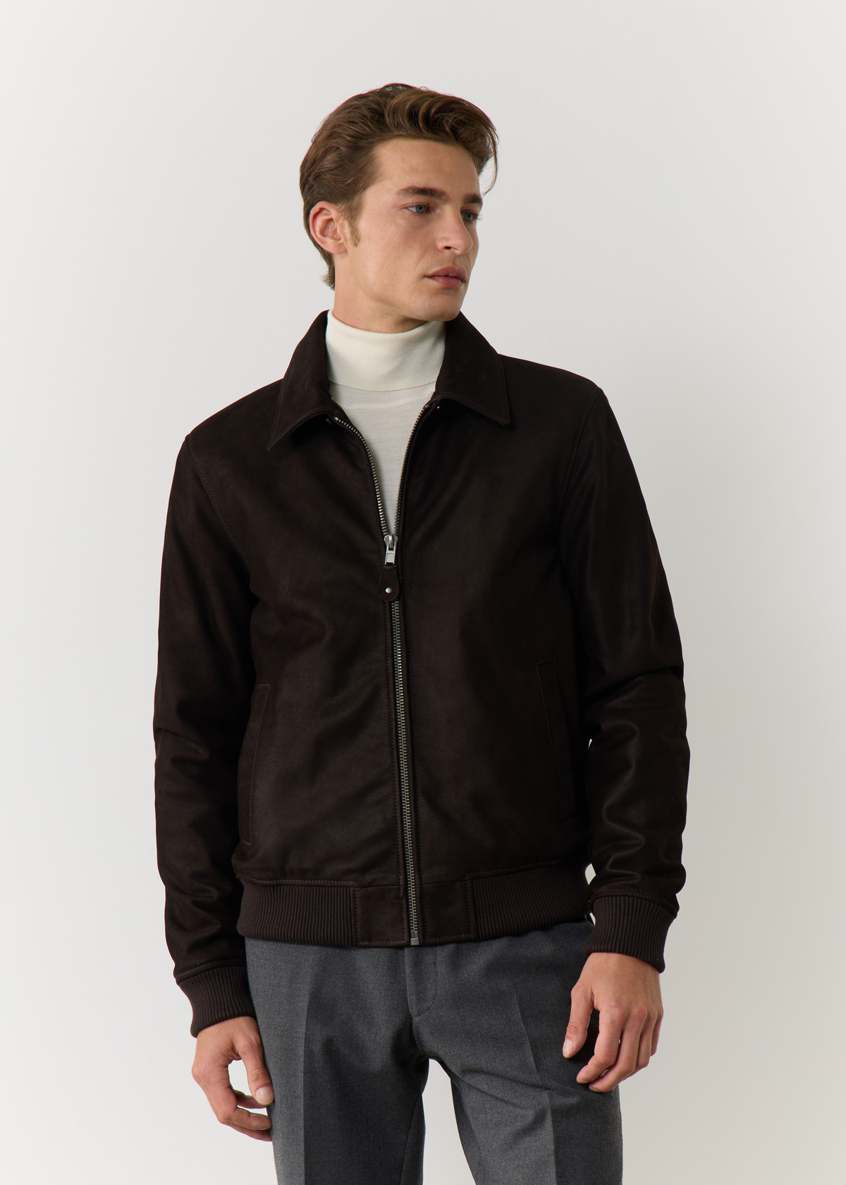 Blouson en cuir nubuck uni chocolat