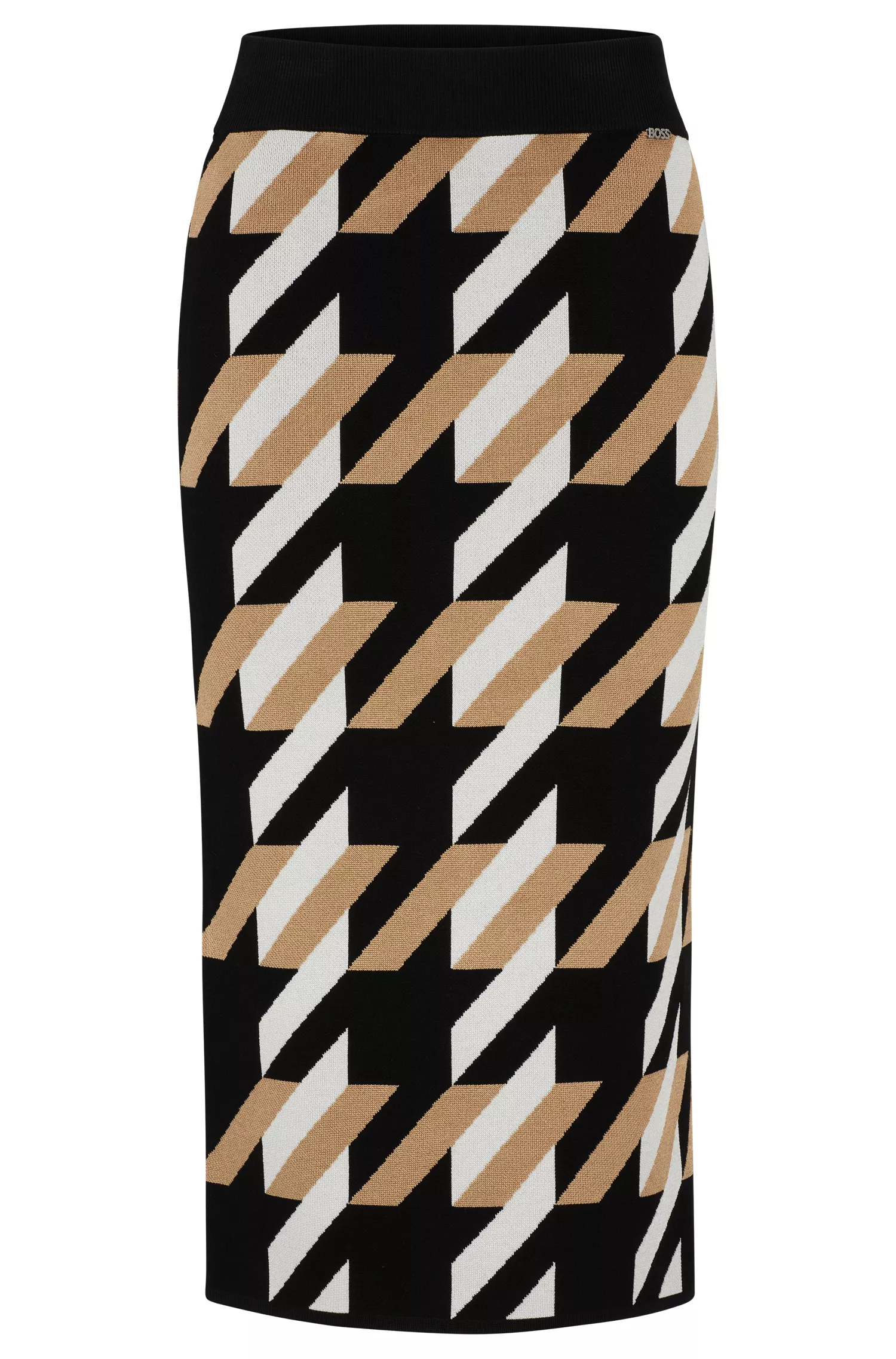 Saia lápis BOSS preta em malha jacquard com detalhe do logotipo.