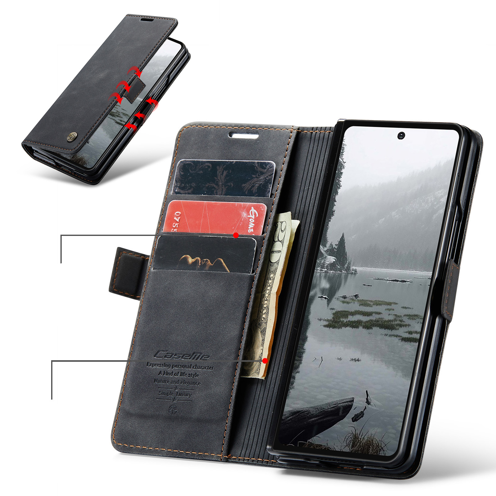 Samsung Galaxy Z Fold7 Leder Tasche Flip Wallet Etui mit Kartenfächern - Schwarz