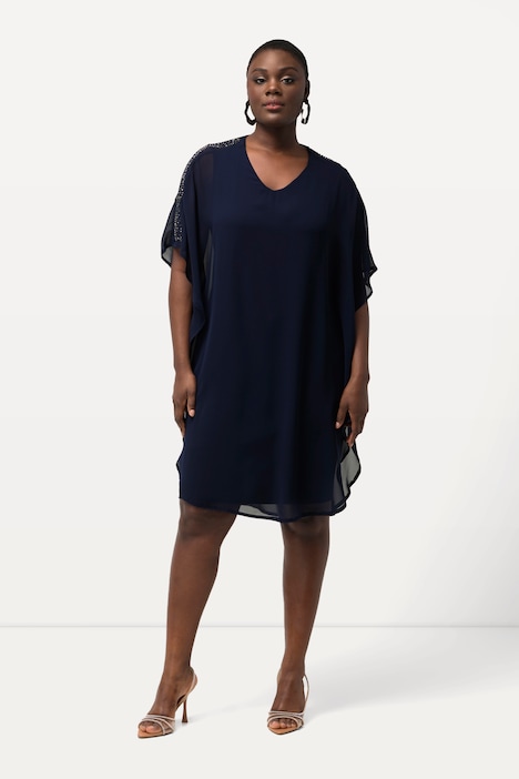 Chiffonkleid, doppellagig, V-Ausschnitt, 3/4-Arm