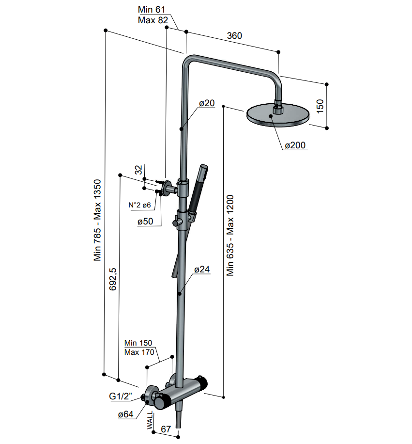 Hotbath Cobber X thermostatische opbouw doucheset met ronde handdouche en 30cm hoofddouche geborsteld messing PVD