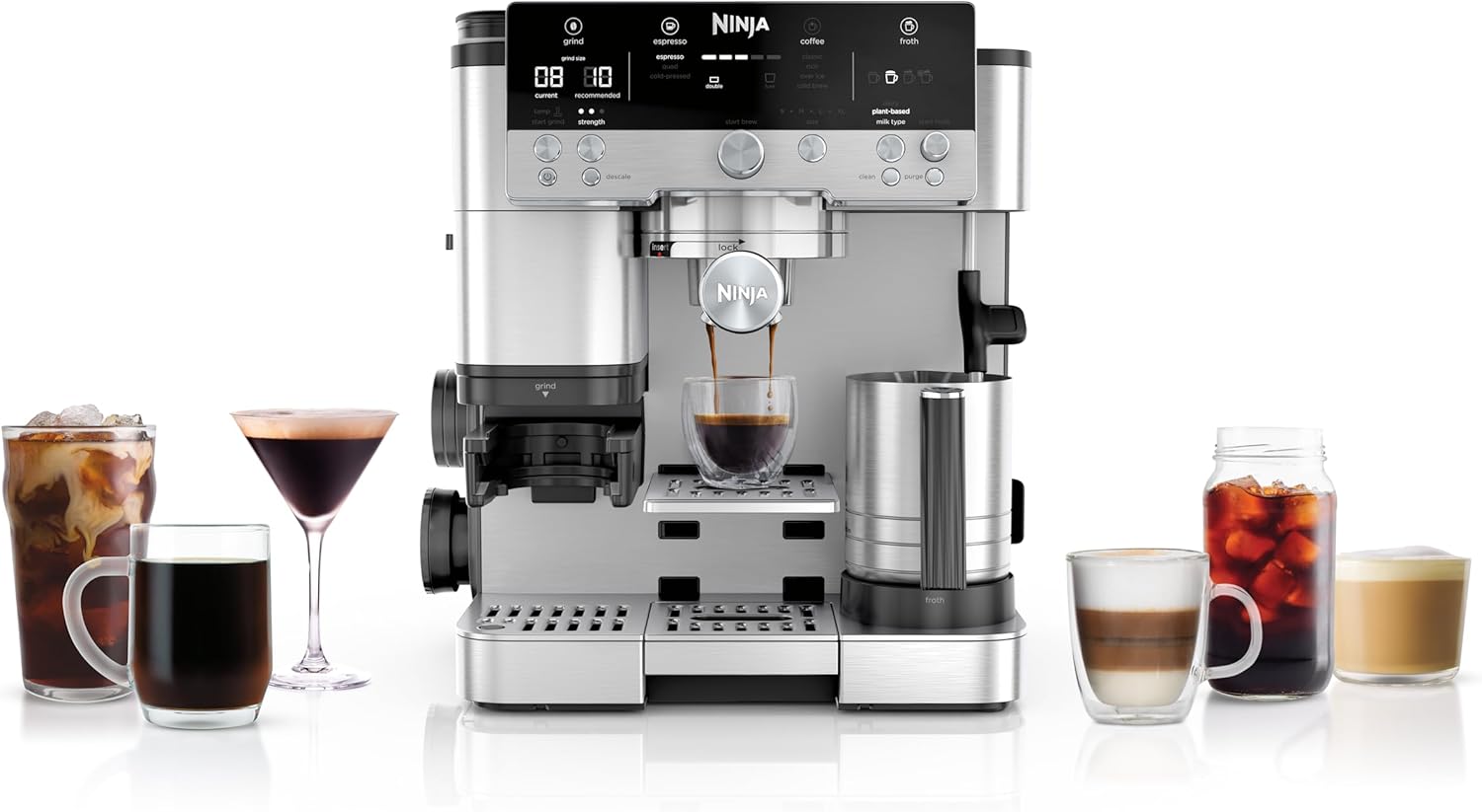 NINJA Machine à café Luxe Essential 2-en-1, Latte, Cappuccino et Espresso avec broyeur à grains et mousseur à lait intégrés, facile à utiliser, 2 préréglages mousse, argent, ES501EU