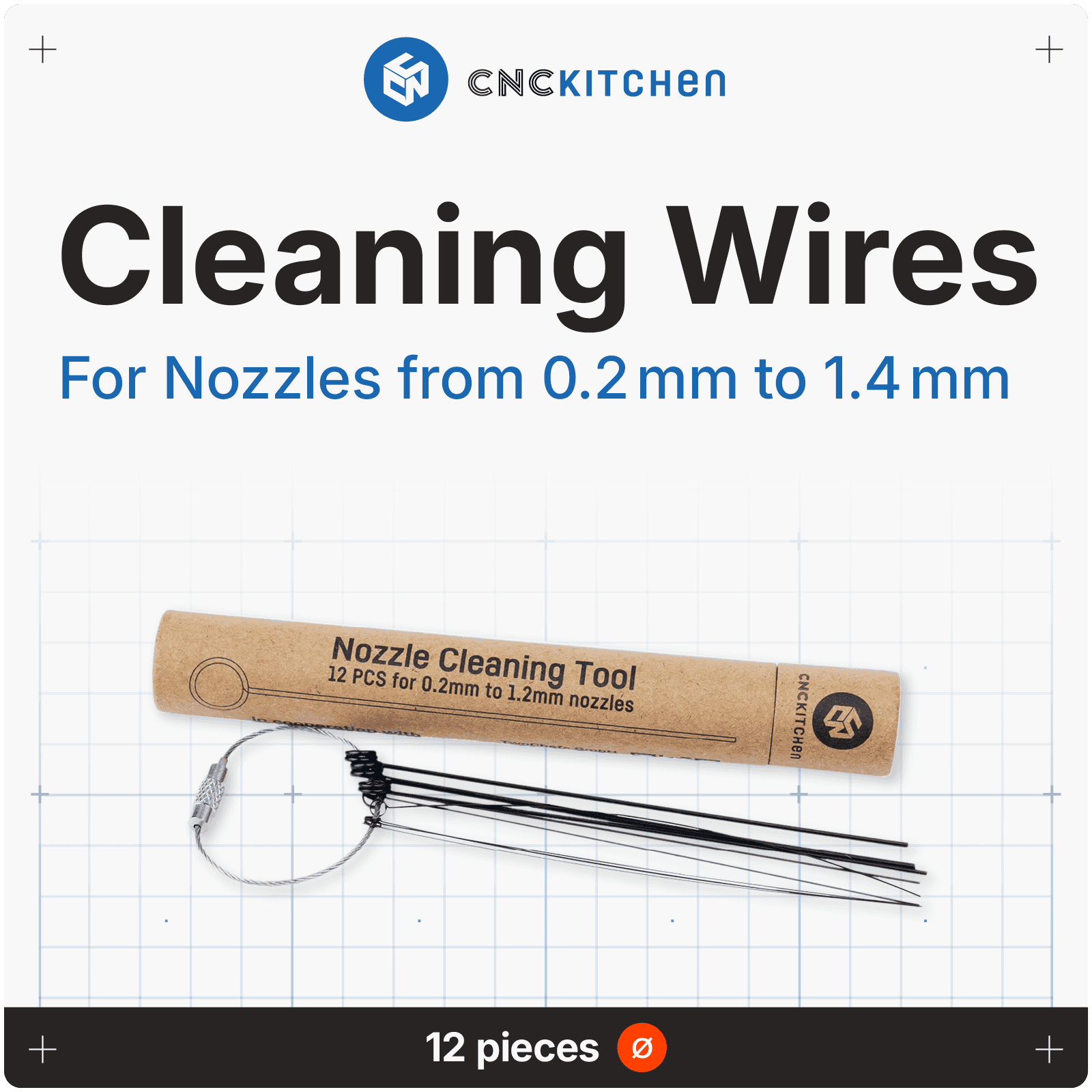 CNC Kitchen  Düsen Reinigungsdrähte, 0.2-1.4 mm (12 Stk)    Reinigungsset für verstopfte Düsen