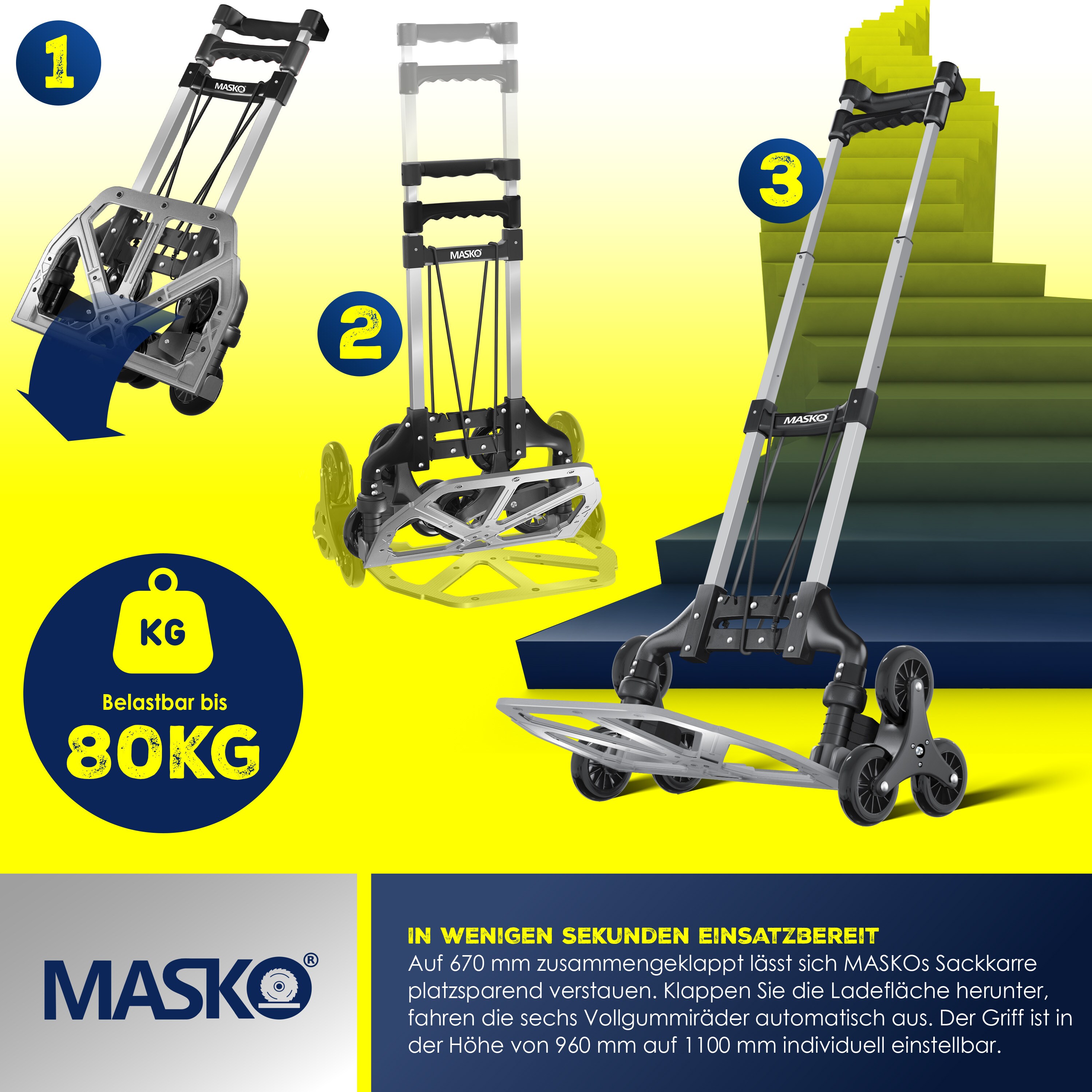 MASKO® Stufen-Sackkarre Treppenkarre Klappbar 80 kg Tragkraft 3x3 Treppensteiger inkl. Rädern + Expanderseil + Handschuhe - höhenverstellbarer Griff - Aluminium Handkarre für Transportkarre