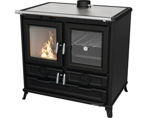 Thermorossi Klara Evo Easy 12,1 kW vaste brandstoffornuis, zwart, met oven rechts en gietijzeren kookplaat.
