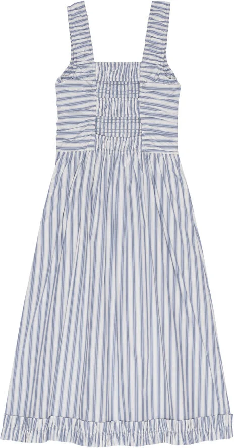 Ganni Stripe Cotton Midi Strap Smock Dres Egret