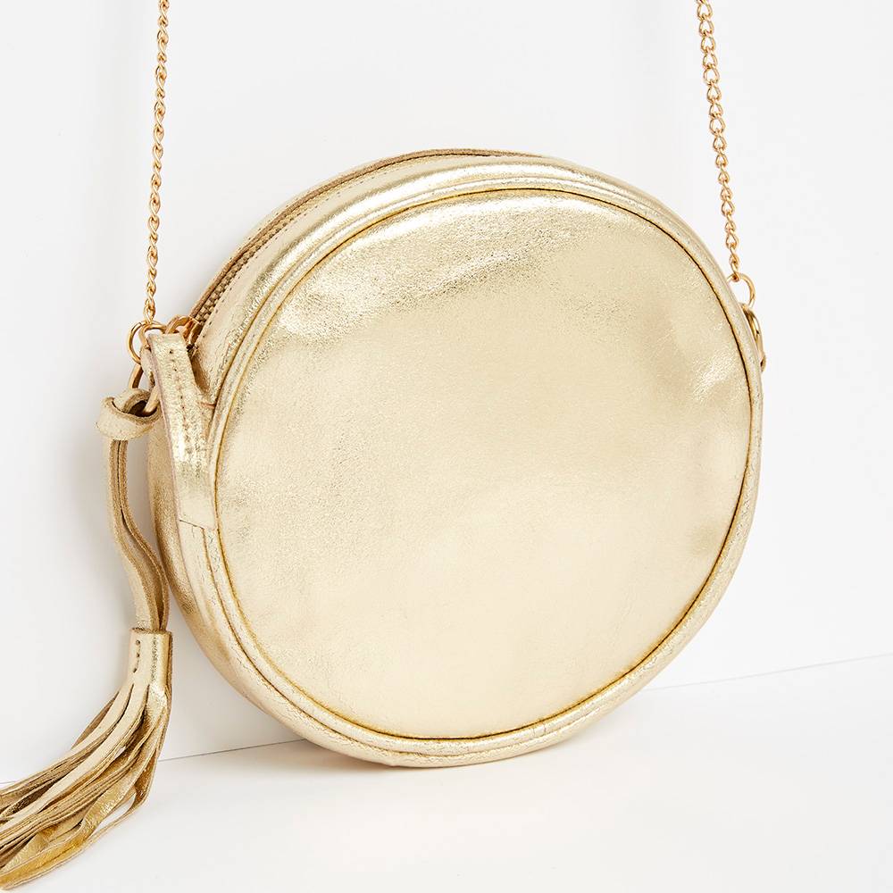 Geometric Retro SAC BANDOULIERE ROND EN DAIN DORE AVEC POMPON