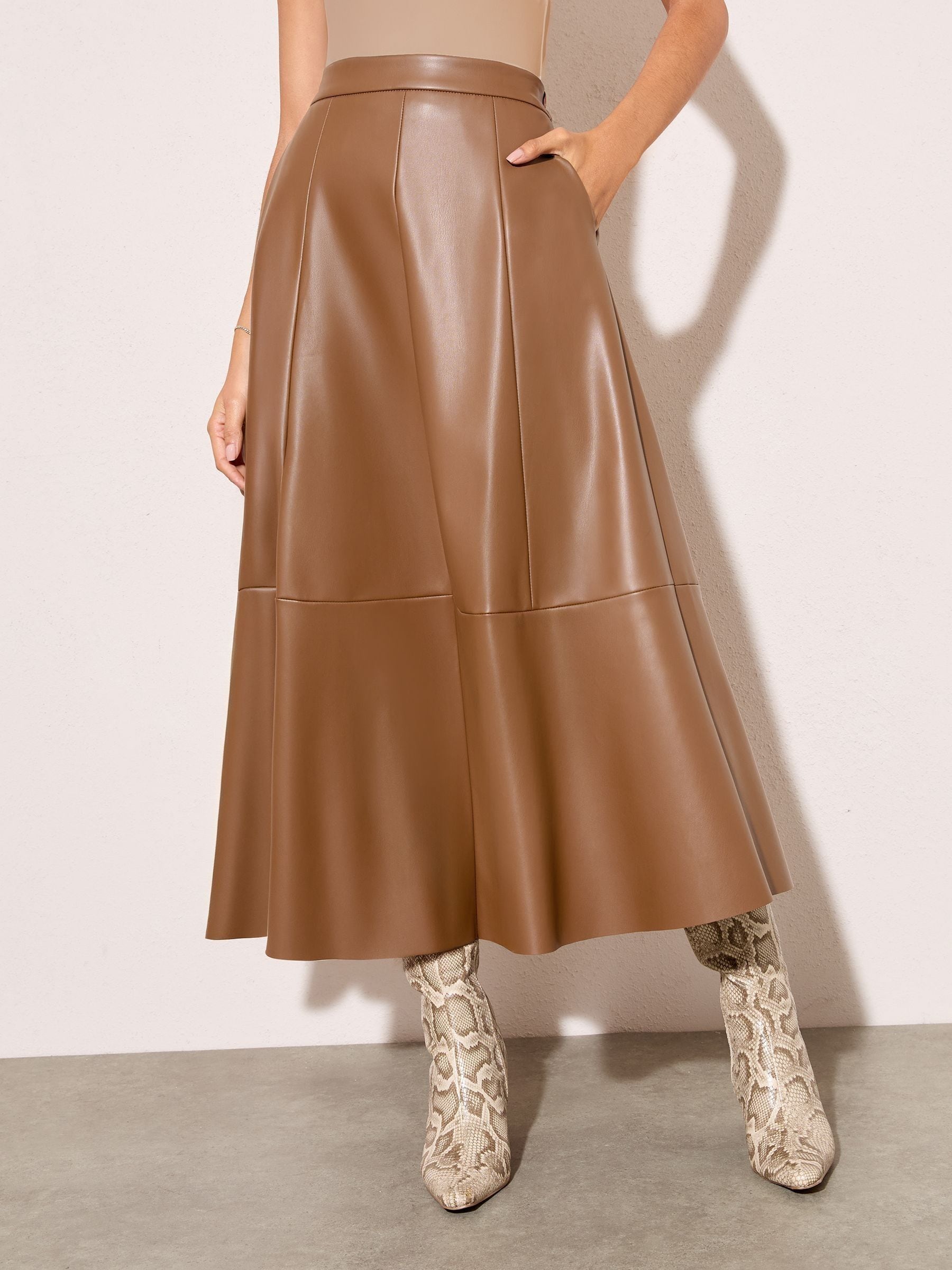 Lichtbruin - Friends Like These Faux Leather Midi Skirt