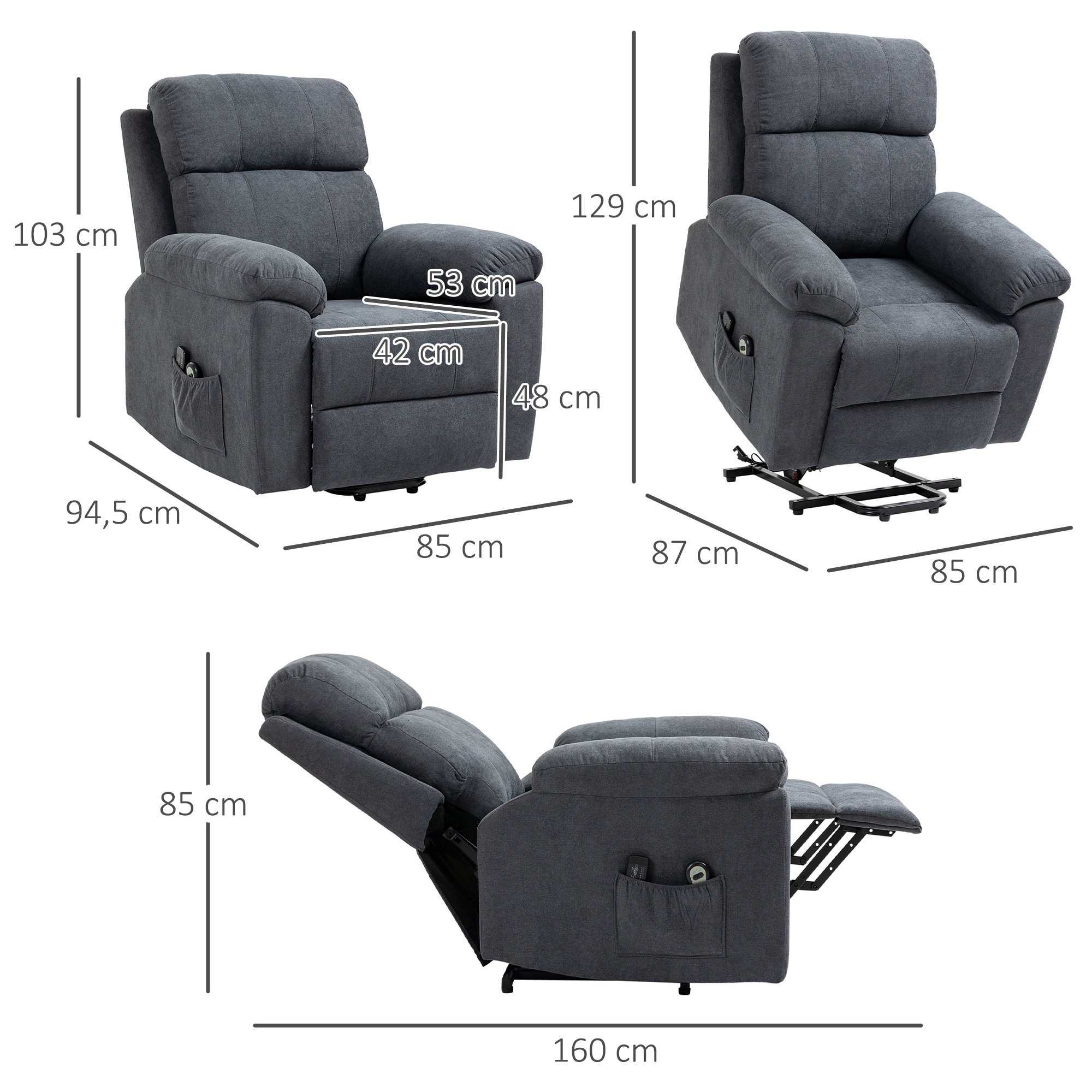 HOMCOM Relaxsessel mit Aufstehhilfenfunktion und 8 Massagemotoren grau 89L x 99B x 103H cm