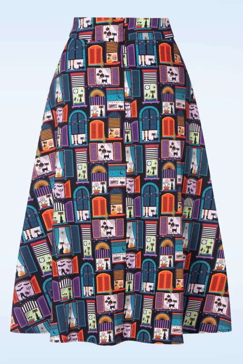 Banned Retro Window Cat swing rok in zwart
