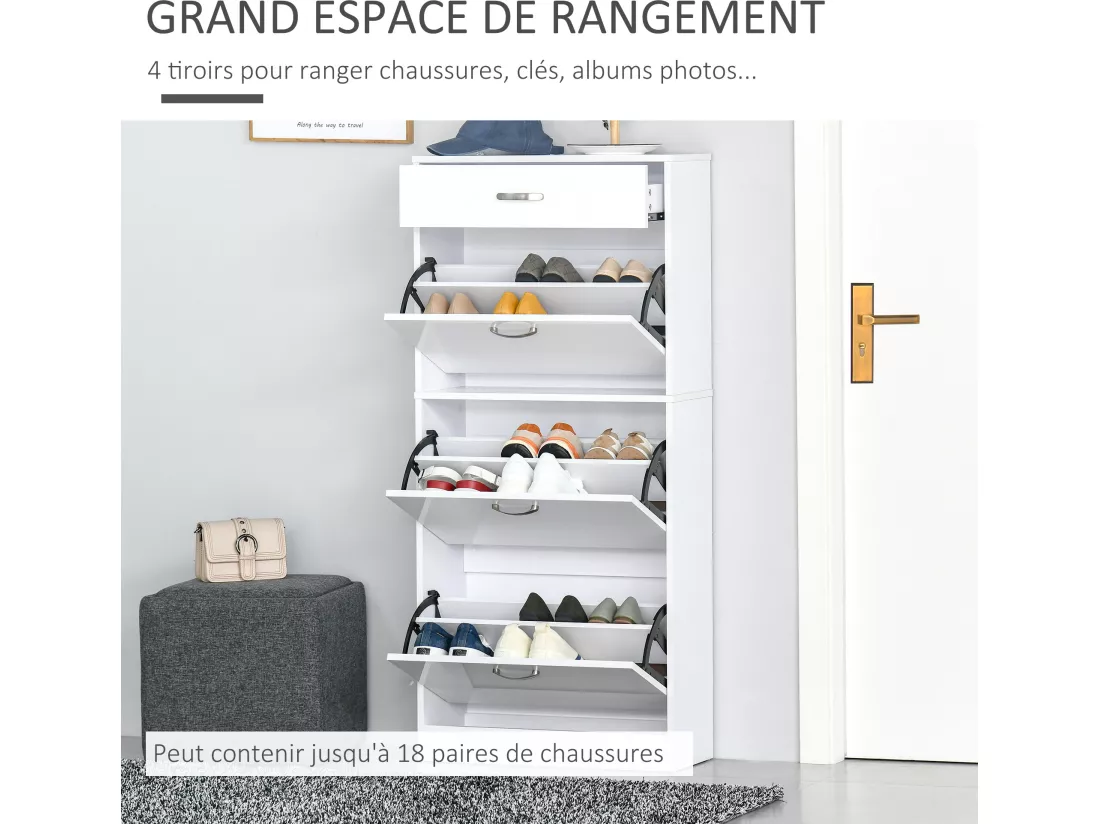 Meuble à chaussures - 3 portes abattantes et tiroir coulissant - dim. 62L x 24l x 135H cm - poignées alu. panneaux particules blanc