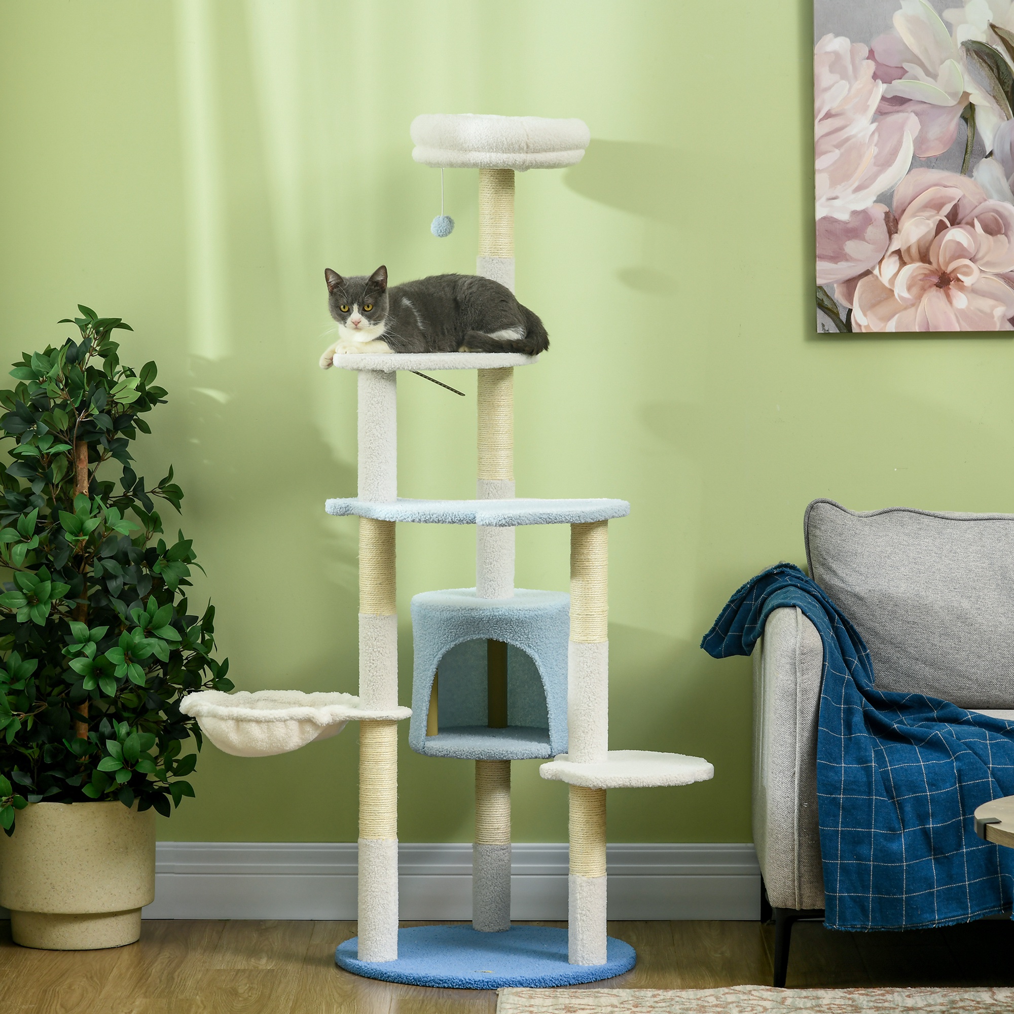 Árvore arranhadora grande PawHut de 155 cm para gatos, torre para gatos de interior com postes de sisal, cama em forma de caverna, rede e bola de brinquedo, Ø54,5 x 155 cm, branca e azul.