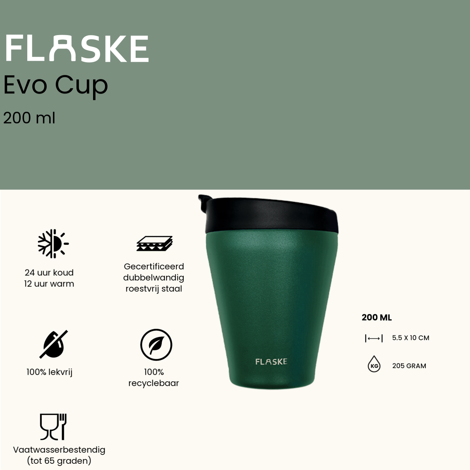 FLASKE 200 ml RVS Koffiebeker to Go - Moss
