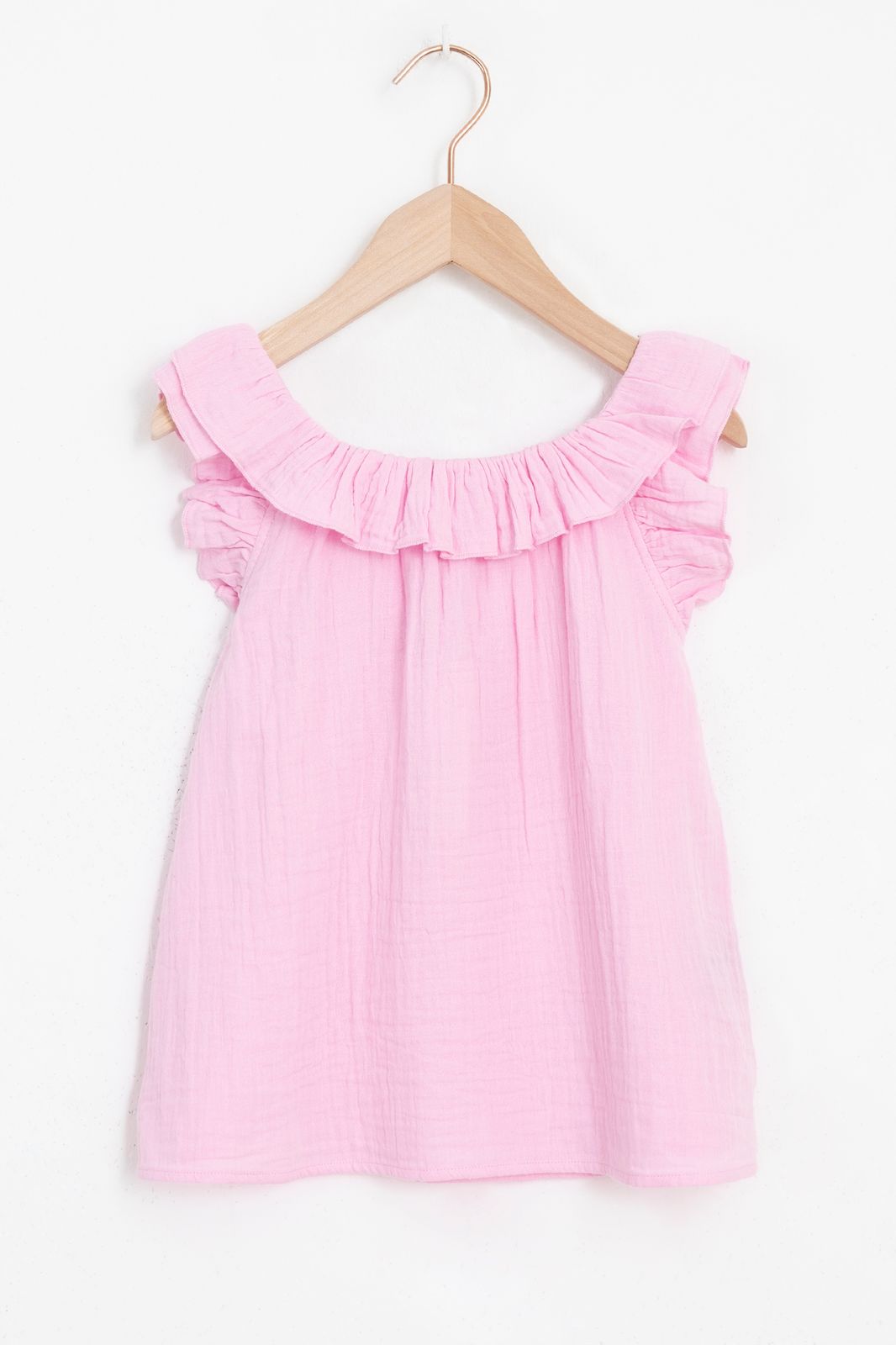 Lichtroze mousseline top met ruffles
