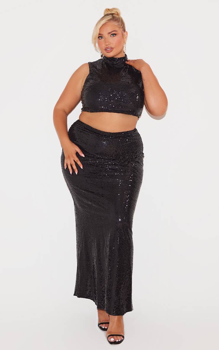 Noir Top Court Grande Taille Col Montant À Sequins