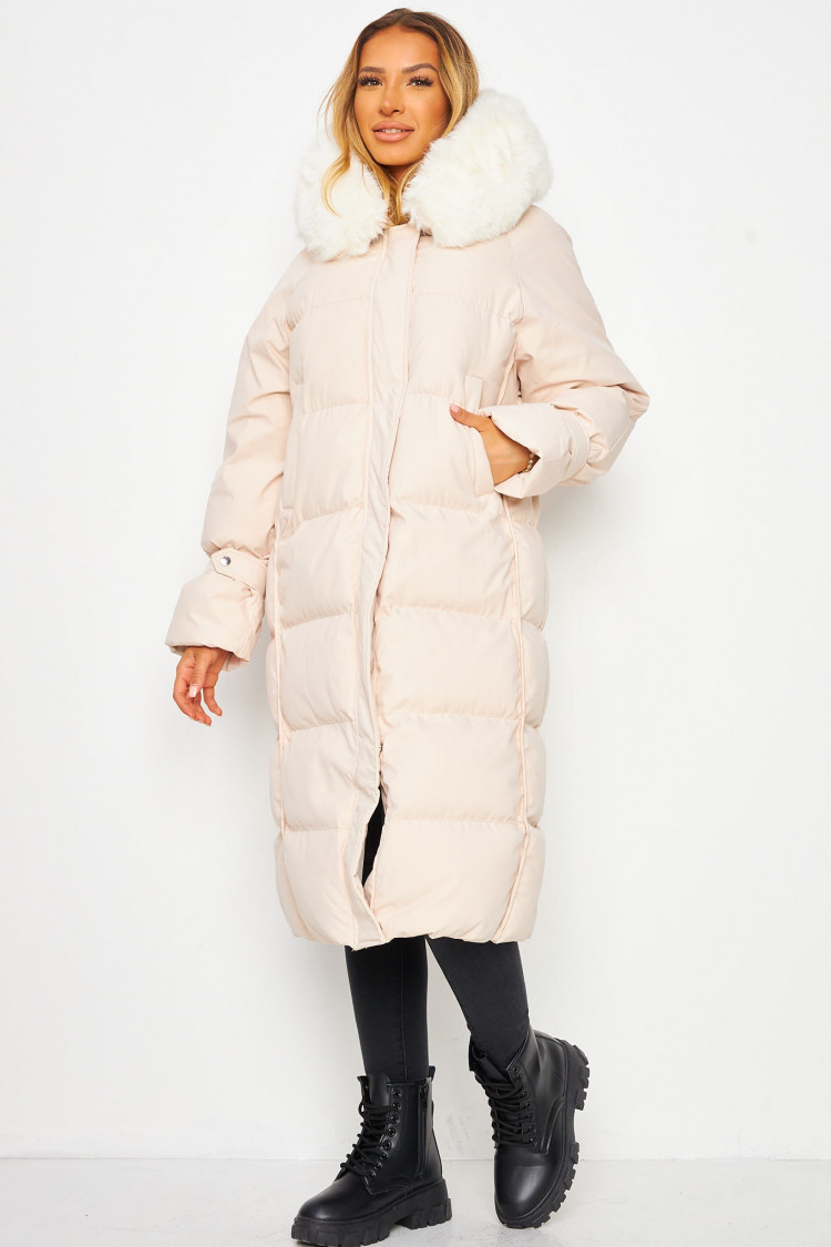 Doudoune longue beige à capuche