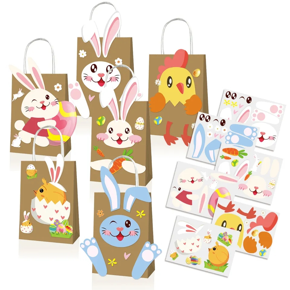 (12er Set) Oster Papier Tüten DIY Candy Gift Tasche Osternest   Sticker - Braun