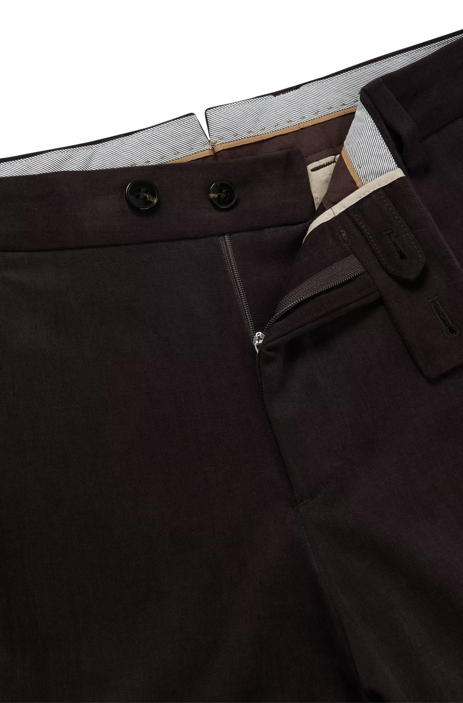 Calça BOSS Camel de corte afunilado em algodão com prega frontal.