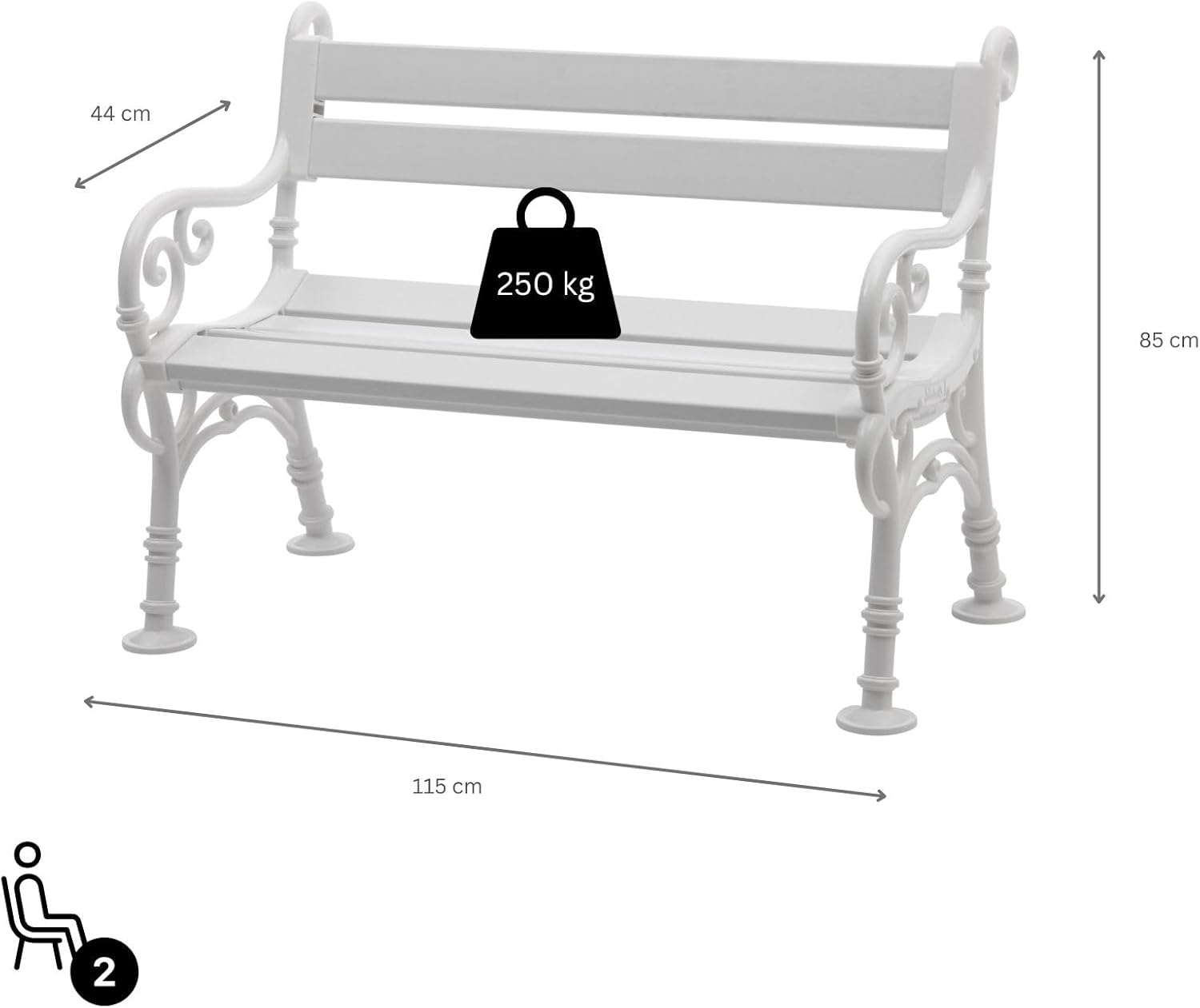 PROREGAL Gartenbank Curacao | 2-Sitzer | Weiß | HxBxT 85x115x60cm | Witterungs- & UV-beständiger Kunststoff | Parkbank Sitzbank Außenbereich Garten Balkon Terrasse