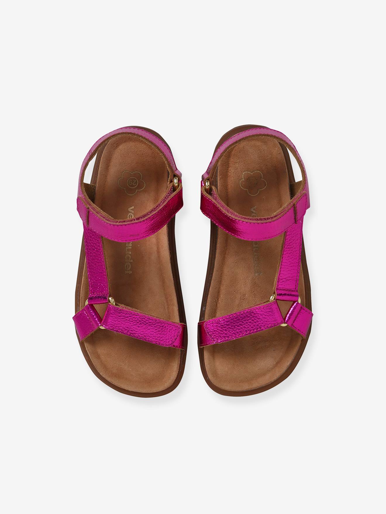 Sandálias de couro lilás com fecho de velcro para meninas