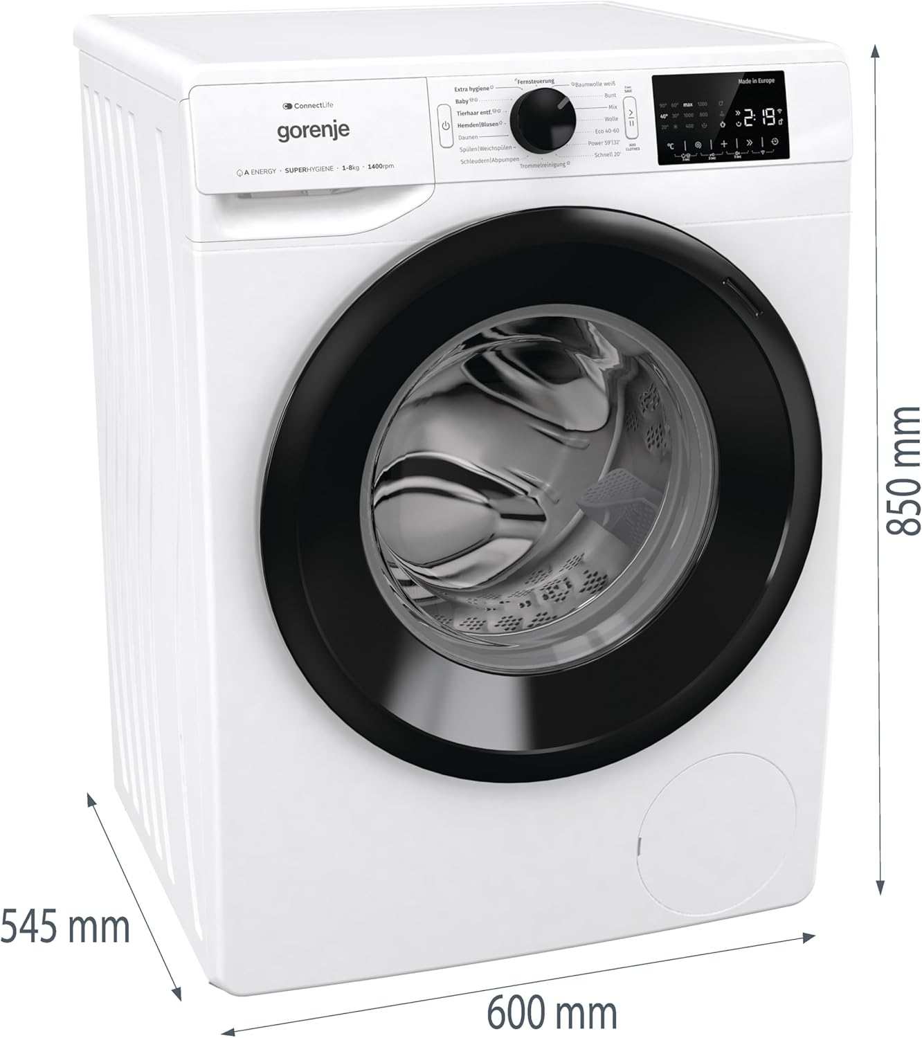 Gorenje WPNEI84A1TS Waschmachine mit Dampffunktion/ConnectLife / 8Kg / 1400 U/min / 15 Programme/Totaler AquaStop/WaveActive Trommel/ExtraHygiene/PowerWash/Schnell Waschgang/EEK: A-10%