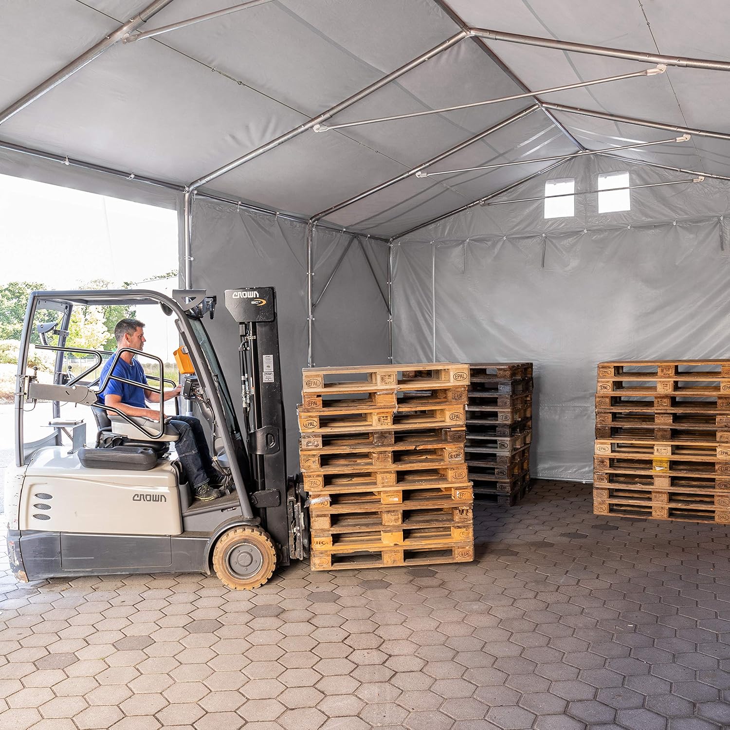 TOOLPORT Lagerzelt Industriezelt 6x12 m Zelthalle mit 3m Seitenhöhe PVC Plane 850 N grau wasserdicht Ganzjahreszelt mit Reißverschlusstor