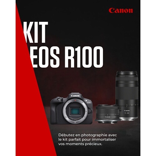Appareil photo hybride Canon Pack EOS R100 + RF-S 18-45mm F4.5-6.3 IS STM + RF 75-300mm F4-5.6 + Batterie