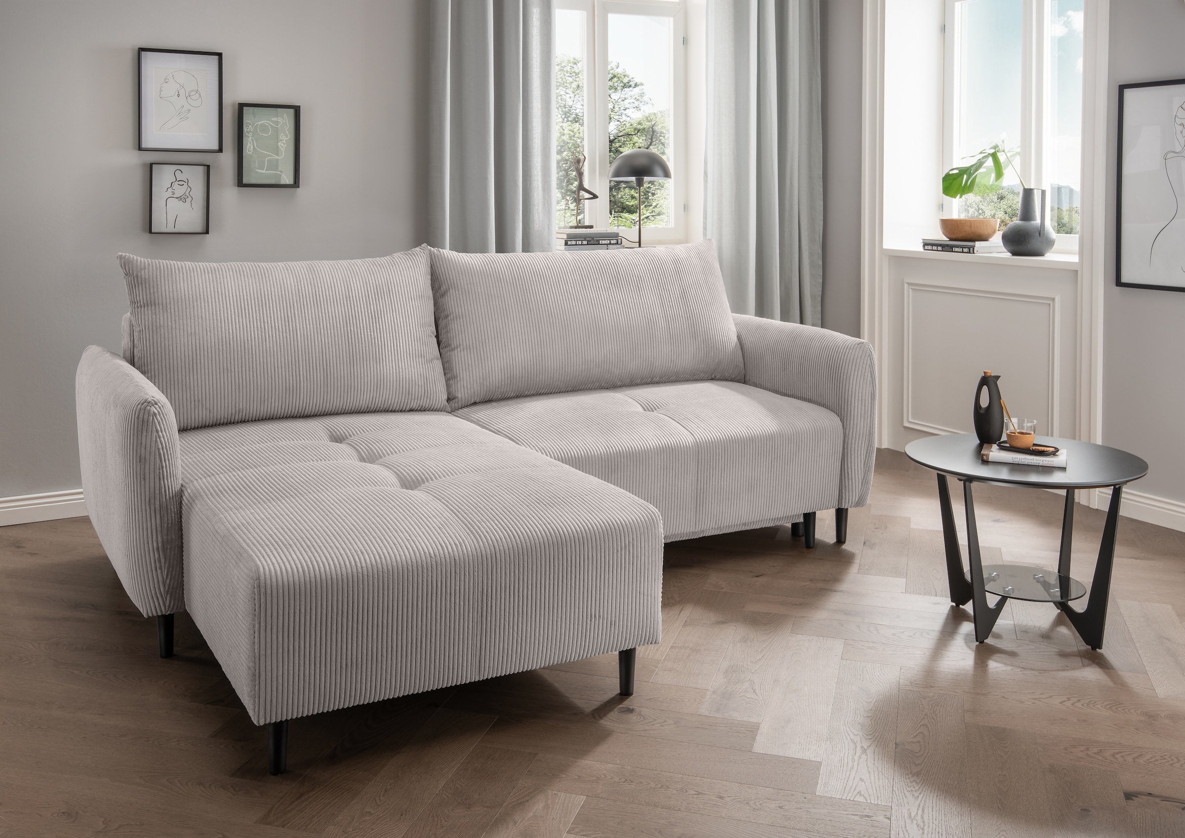 INOSIGN Ecksofa »Mara, L-Form, aktueller Cord Bezug und tolle Farben, schmale Armlehnen« whlw. mit Bettfunktion,Recamiere links/rechts montierbar, Breite 238cm