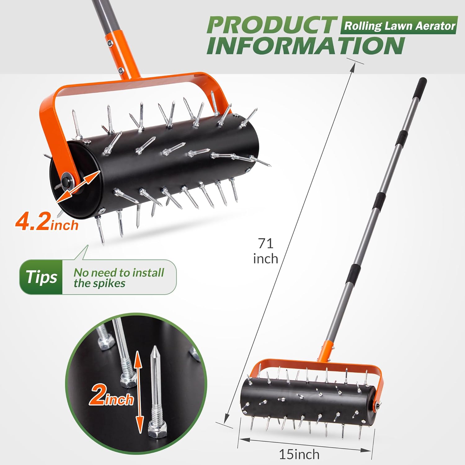 Walensee Rollender Rasenlüfter, Robustes manuelles Aerator-Werkzeug mit 42 Spikes, Rasen-Spike-Aerator-Walze mit verstellbarem 180 cm-Griff, Bodenpenetrator Schiebe-Rasenbelüftung für Garten, Hof