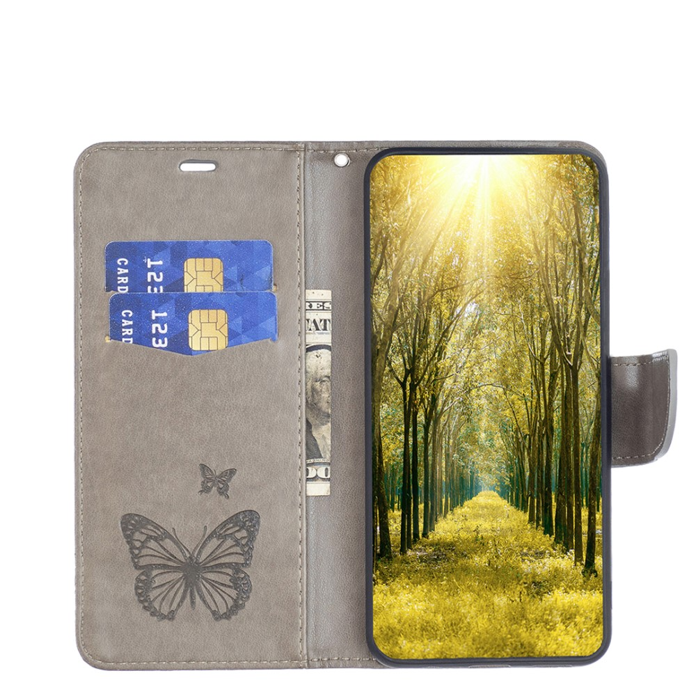 iPhone 15 Pro Leder Tasche mit Kartenfach   Handschlaufe Schmetterling - Grau